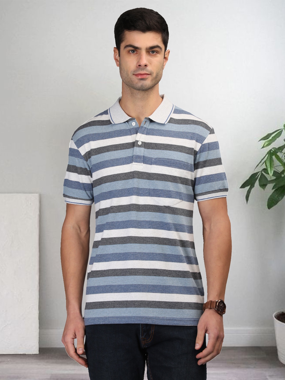 

CHKOKKO Striped Polo Collar Cotton T-shirt, Blue