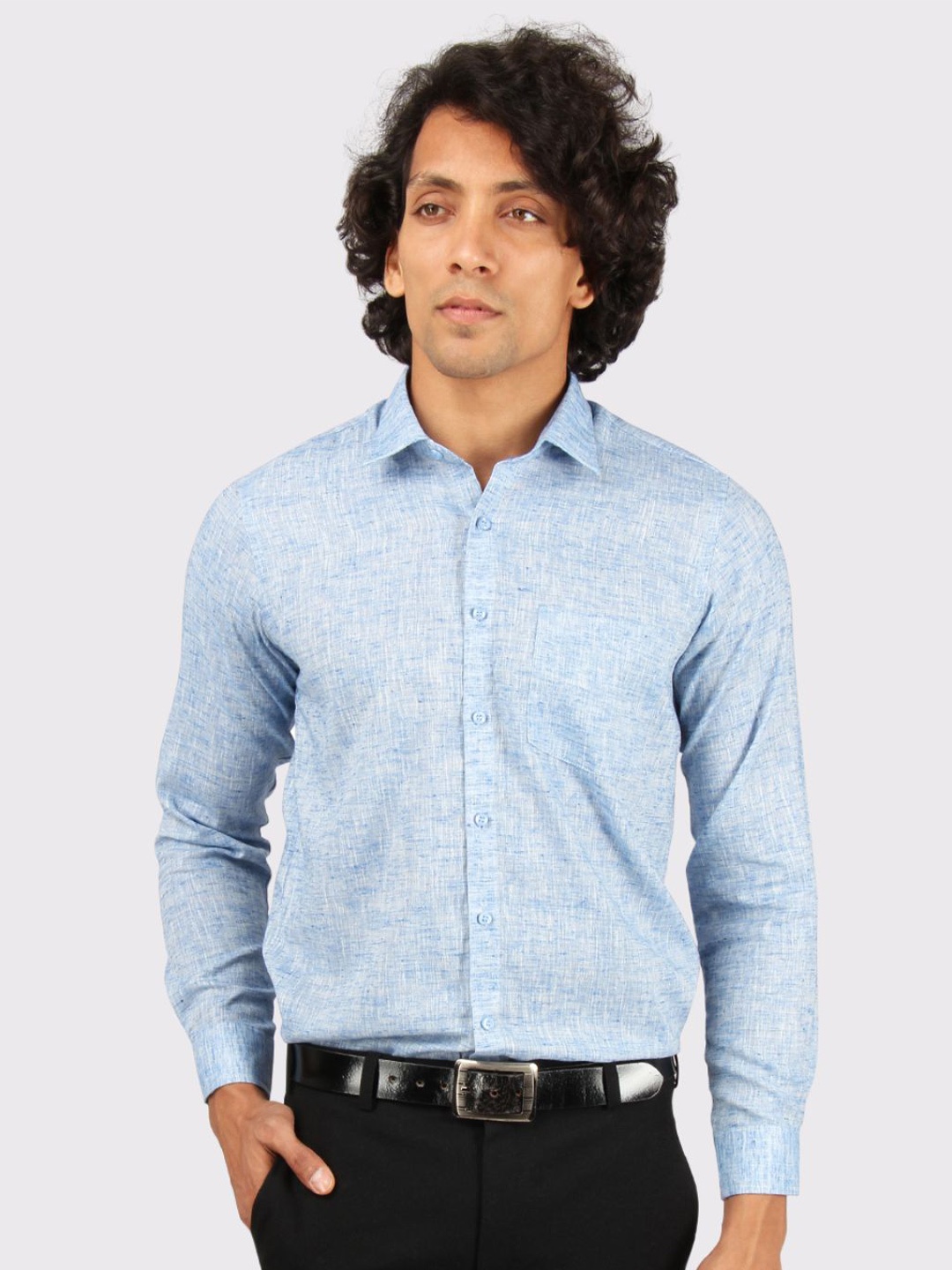 

Maharaja India Slim Spread Collar Cotton Linen Formal Shirt, Blue