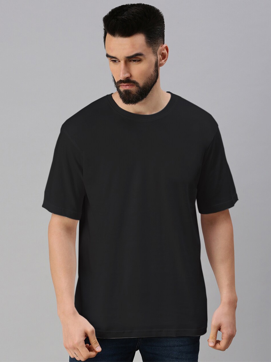 

VEIRDO Drop Shoulder Sleeves Oversized Pure Cotton T-shirt, Black