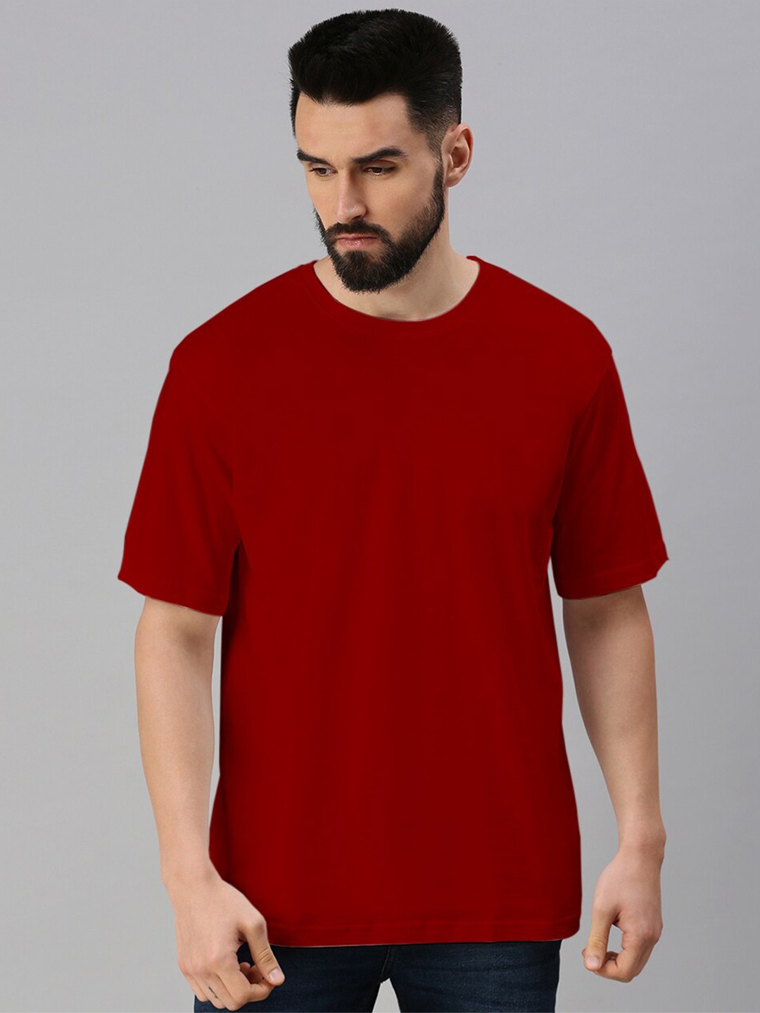 

VEIRDO Drop Shoulder Sleeves Oversized Pure Cotton T-shirt, Maroon