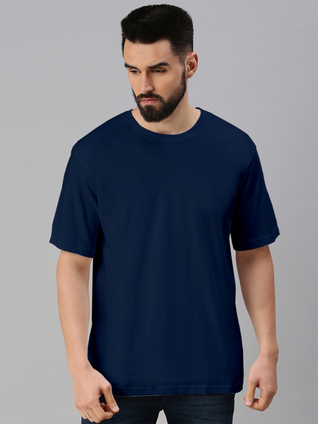 

VEIRDO Navy Blue Round Neck Drop shoulder Sleeves Pure Cotton Oversized T-shirt