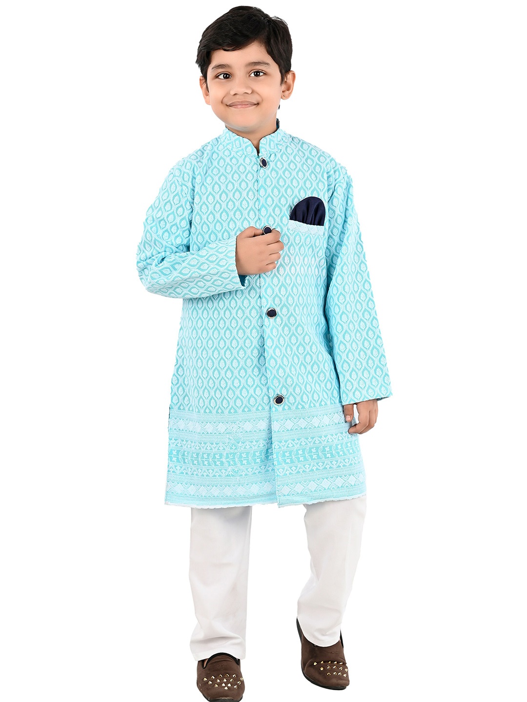 

BAESD Boys Embroidered Mandarin Collar Pure Cotton Sherwani Set, Blue