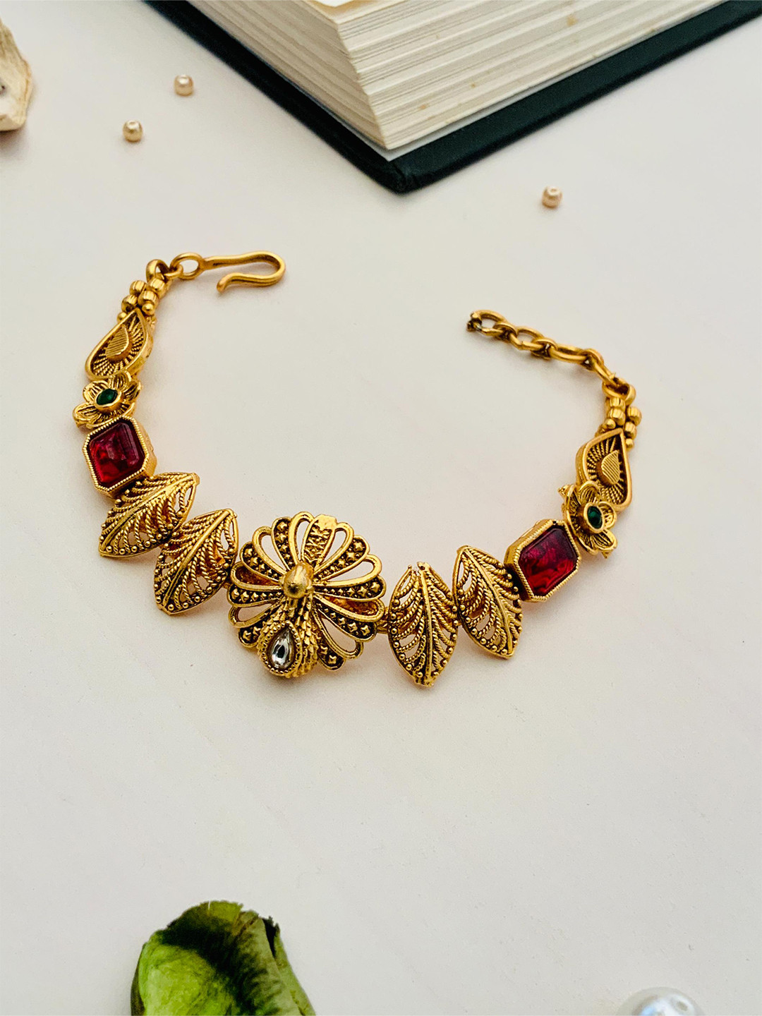 

ABDESIGNS Gold-Plated Stone-Studded Beaded Brass Wraparound Bracelet