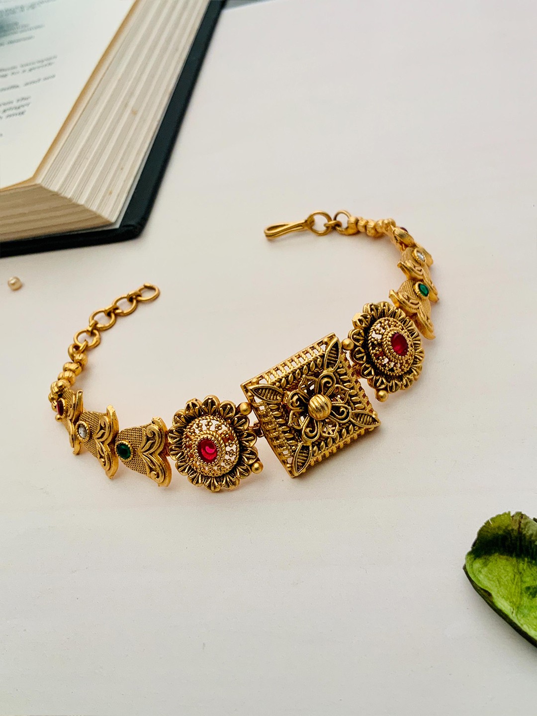 

ABDESIGNS Gold-Plated Stone-Studded Beaded Brass Wraparound Bracelet