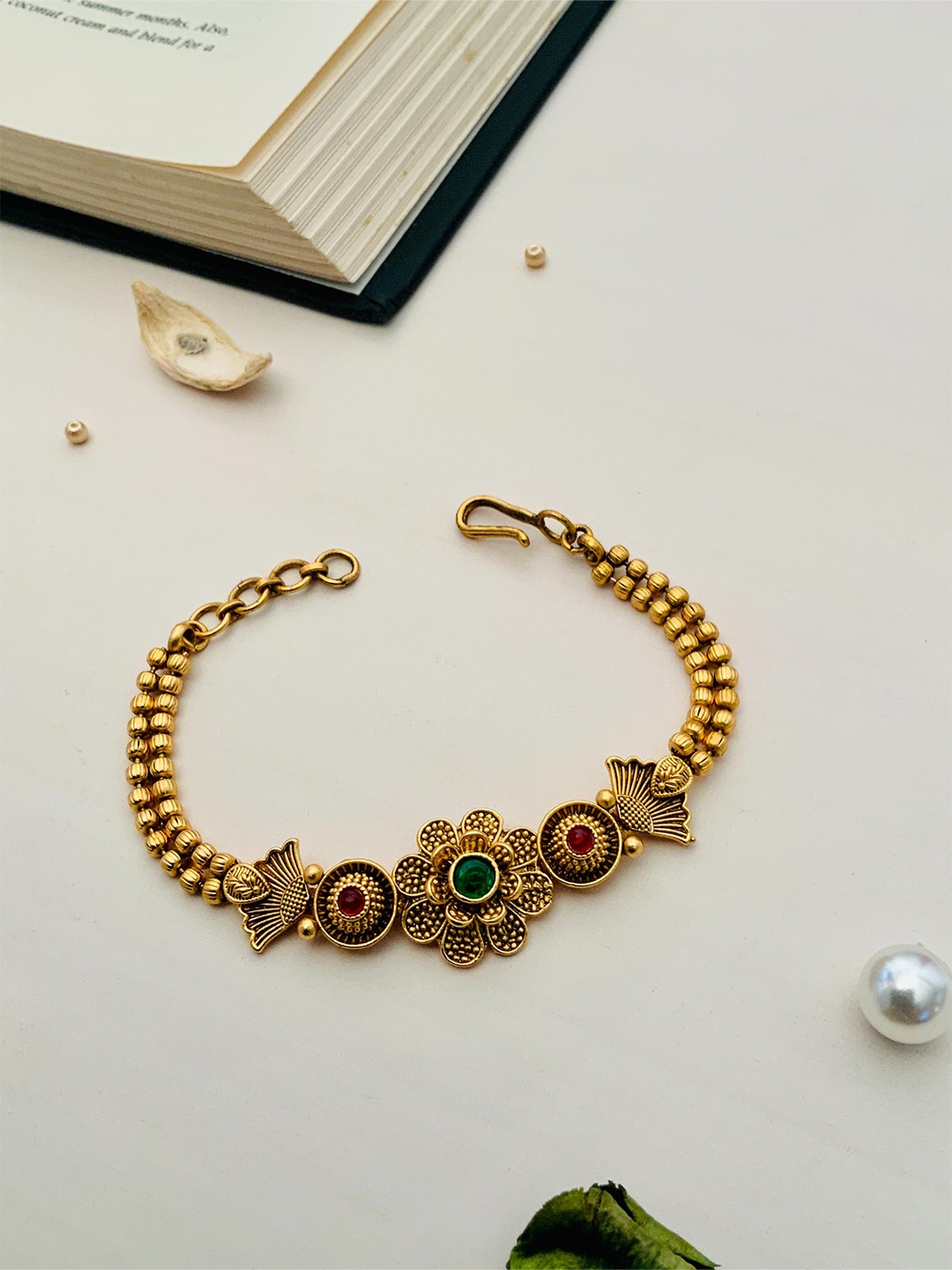 

ABDESIGNS Gold-Plated Stone-Studded Beaded Brass Wraparound Bracelet