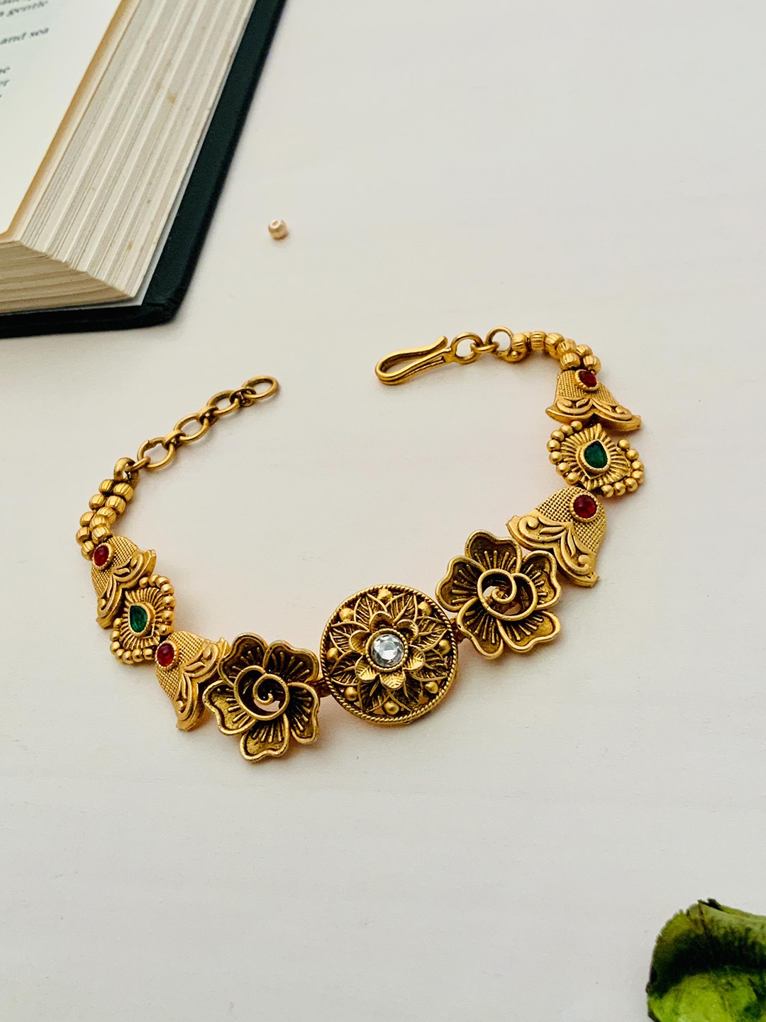 

ABDESIGNS Gold-Plated Stone-Studded Beaded Brass Wraparound Bracelet