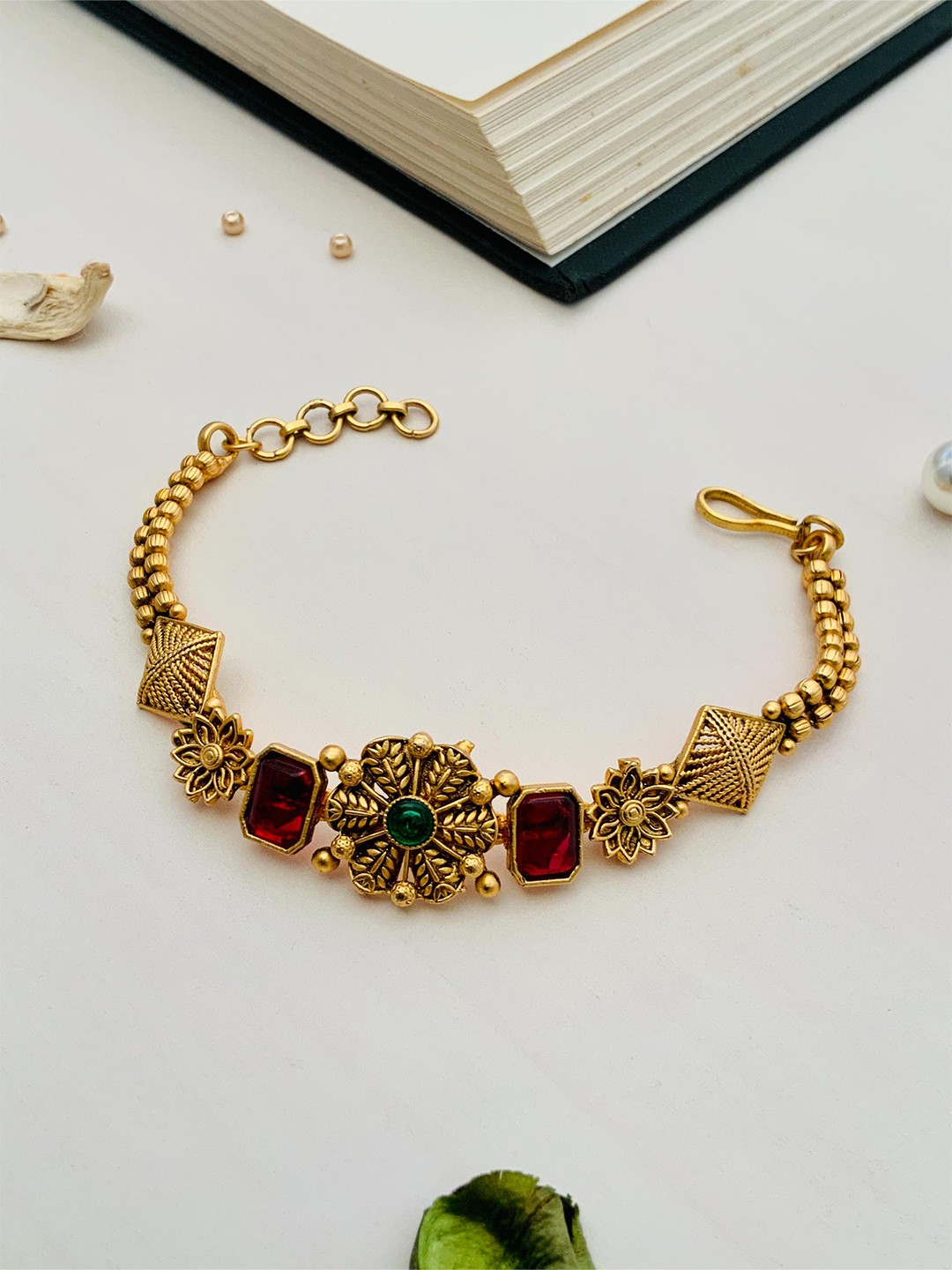

ABDESIGNS Gold-Plated Stone-Studded Beaded Brass Wraparound Bracelet