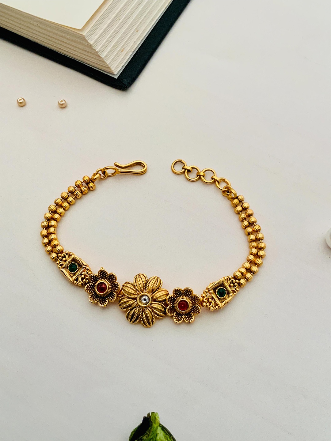 

ABDESIGNS Gold-Plated Stone-Studded Beaded Brass Wraparound Bracelet