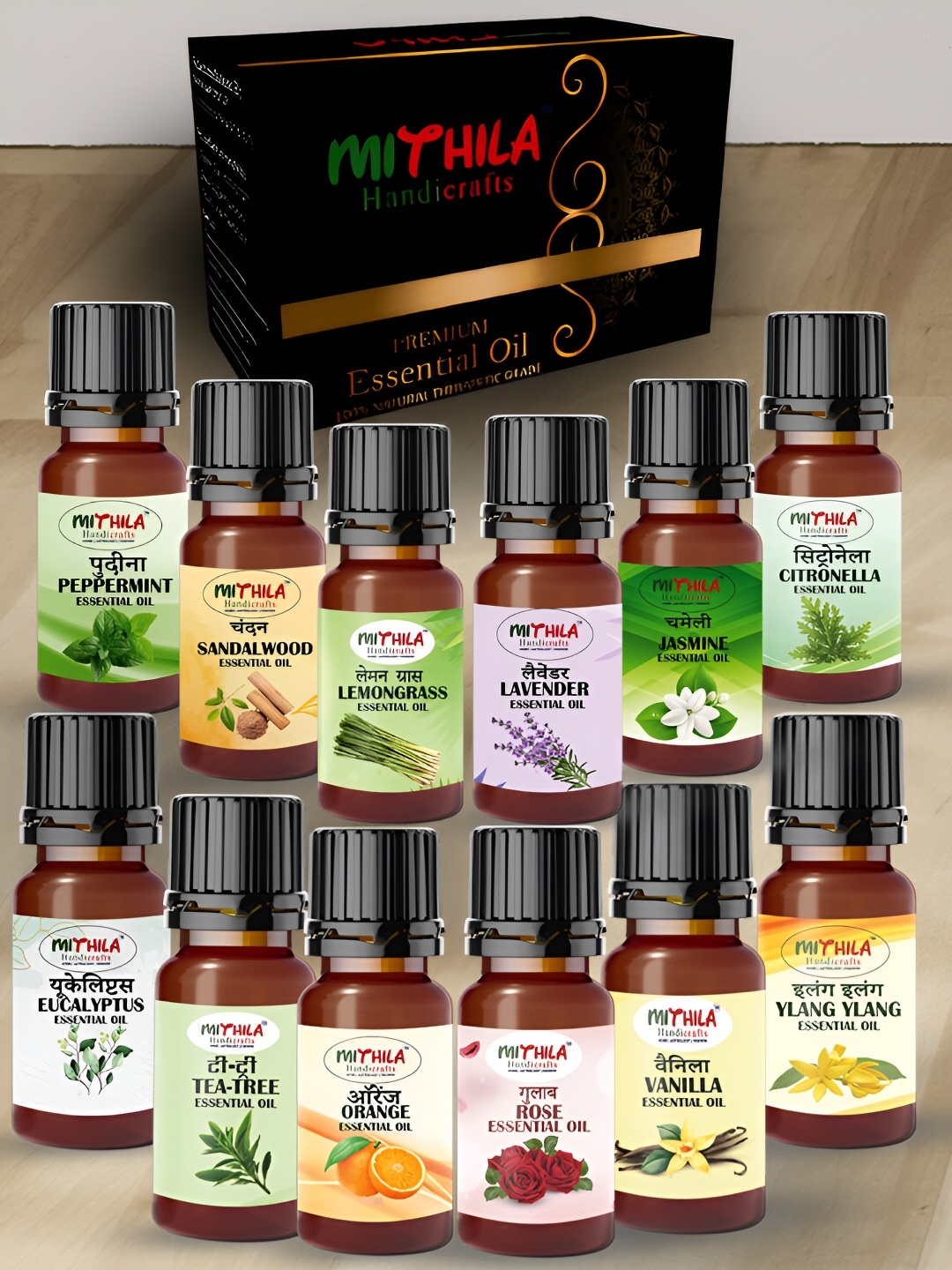 

MITHILA Handicrafts Set Of 12 Essential Aroma Oils-10ml Each, Transparent