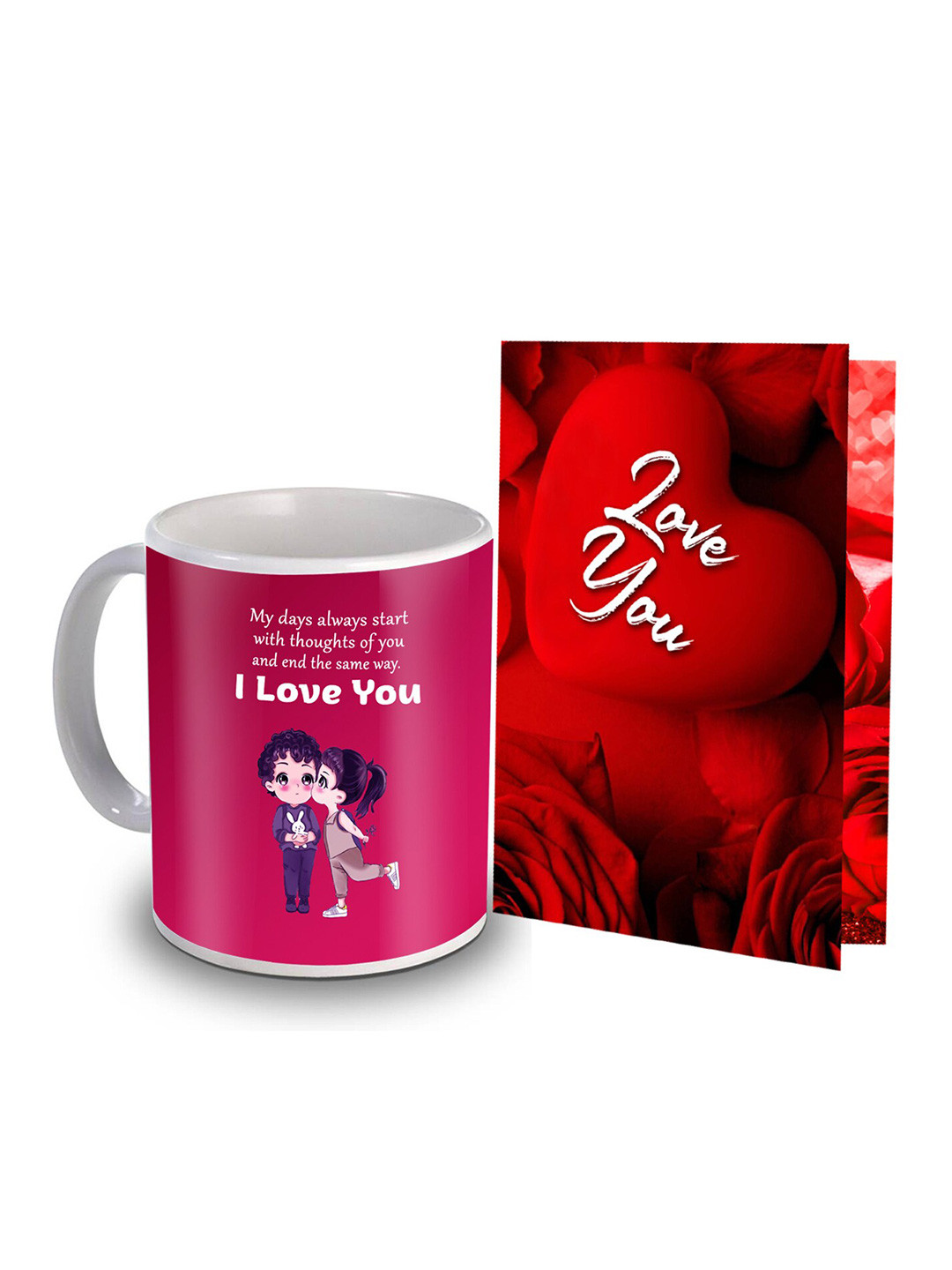 

ME & YOU Red & Pink 2 Pieces Printed Coffee Mug & Greeting Card Home Gift Set