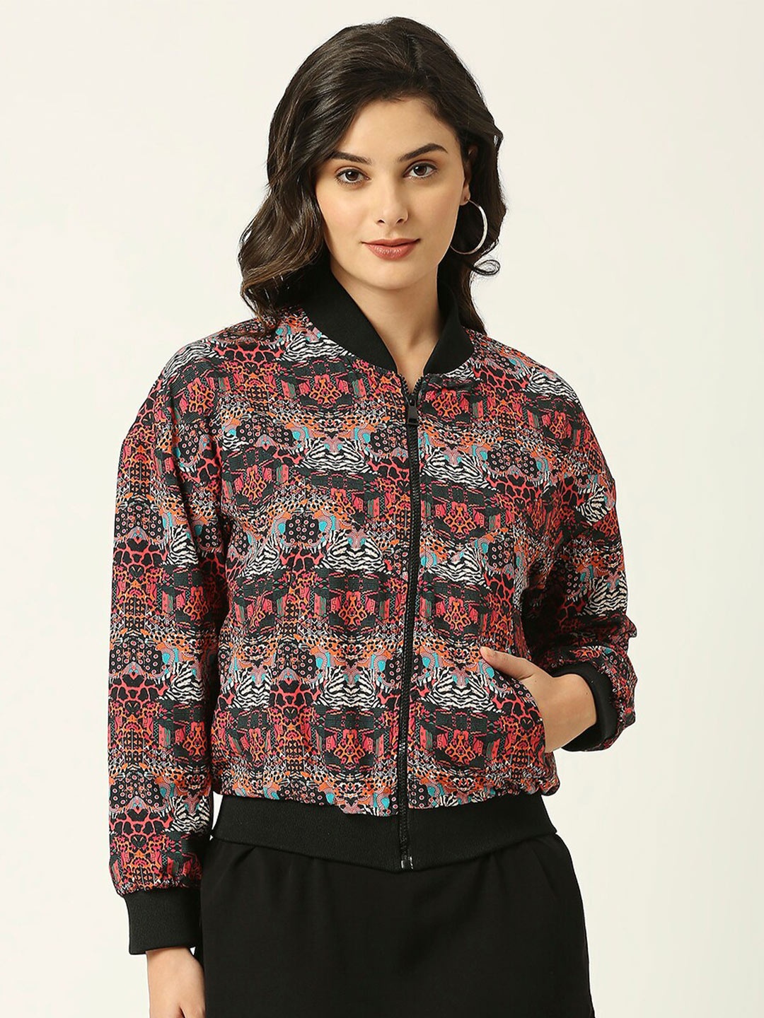 

ANWAIND Red Abstract Printed Stand Collar Long Sleeves Bomber Jacket