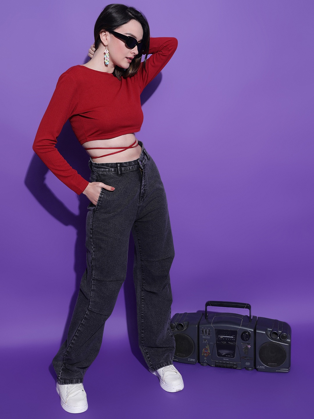 

Stylecast X Kotty Maroon Round Neck Long Sleeves Tie-Ups Crop Top