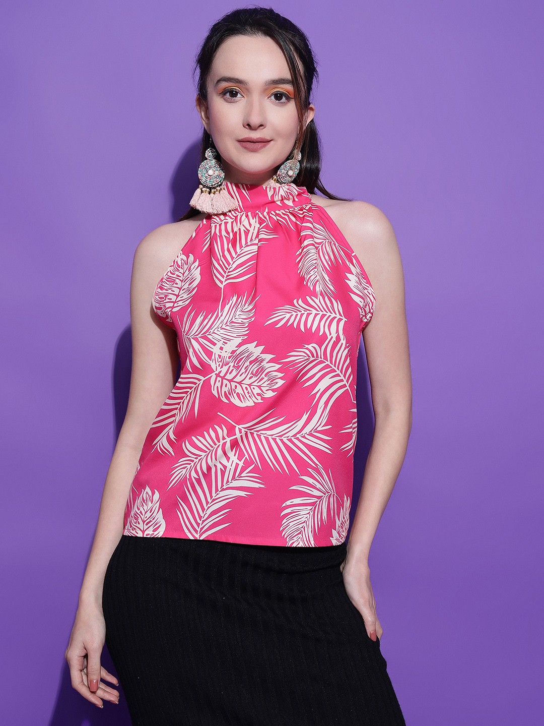 

Stylecast X Kotty Pink Tropical Printed High Neck Sleeveless Crepe Top