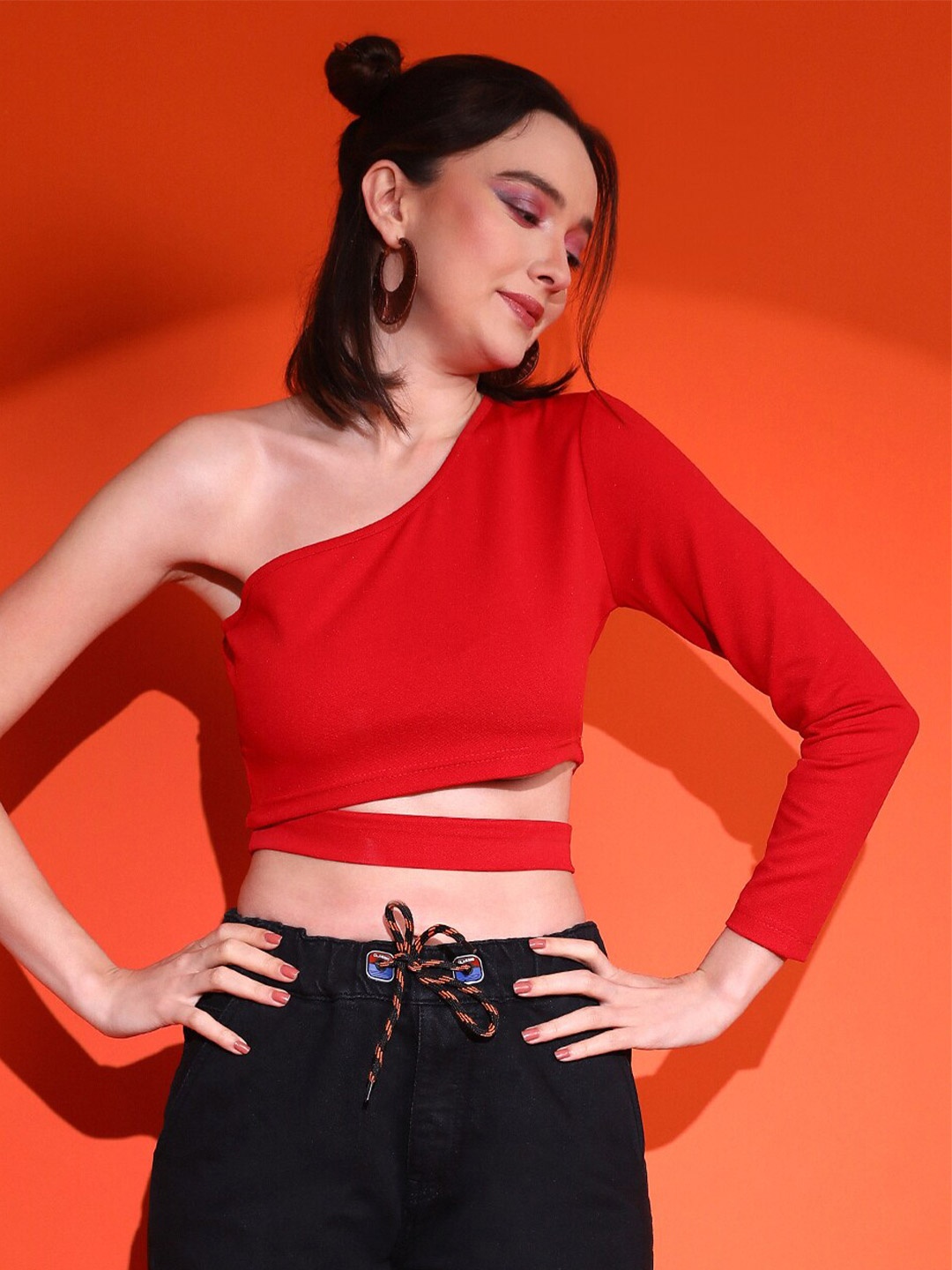 

Stylecast X Kotty Red One Shoulder Cut-Out Fitted Crop Top