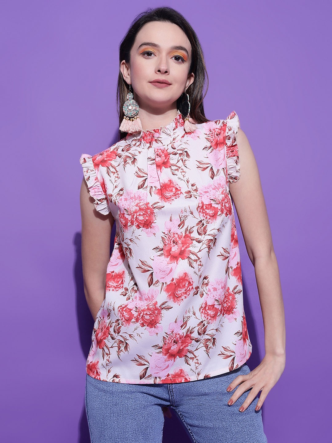 

Stylecast X Kotty Pink Floral Printed High Neck Flutter Sleeves Top