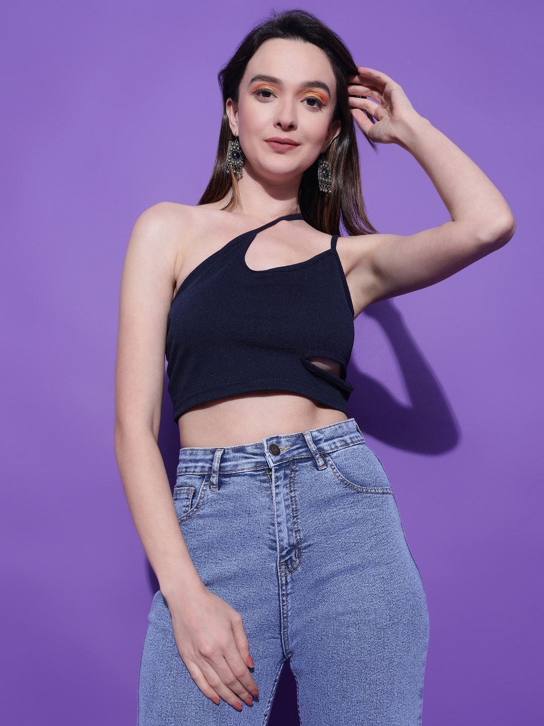 

Stylecast X Kotty Navy Blue One Shoulder Cut Out Sleeveless Crop Top