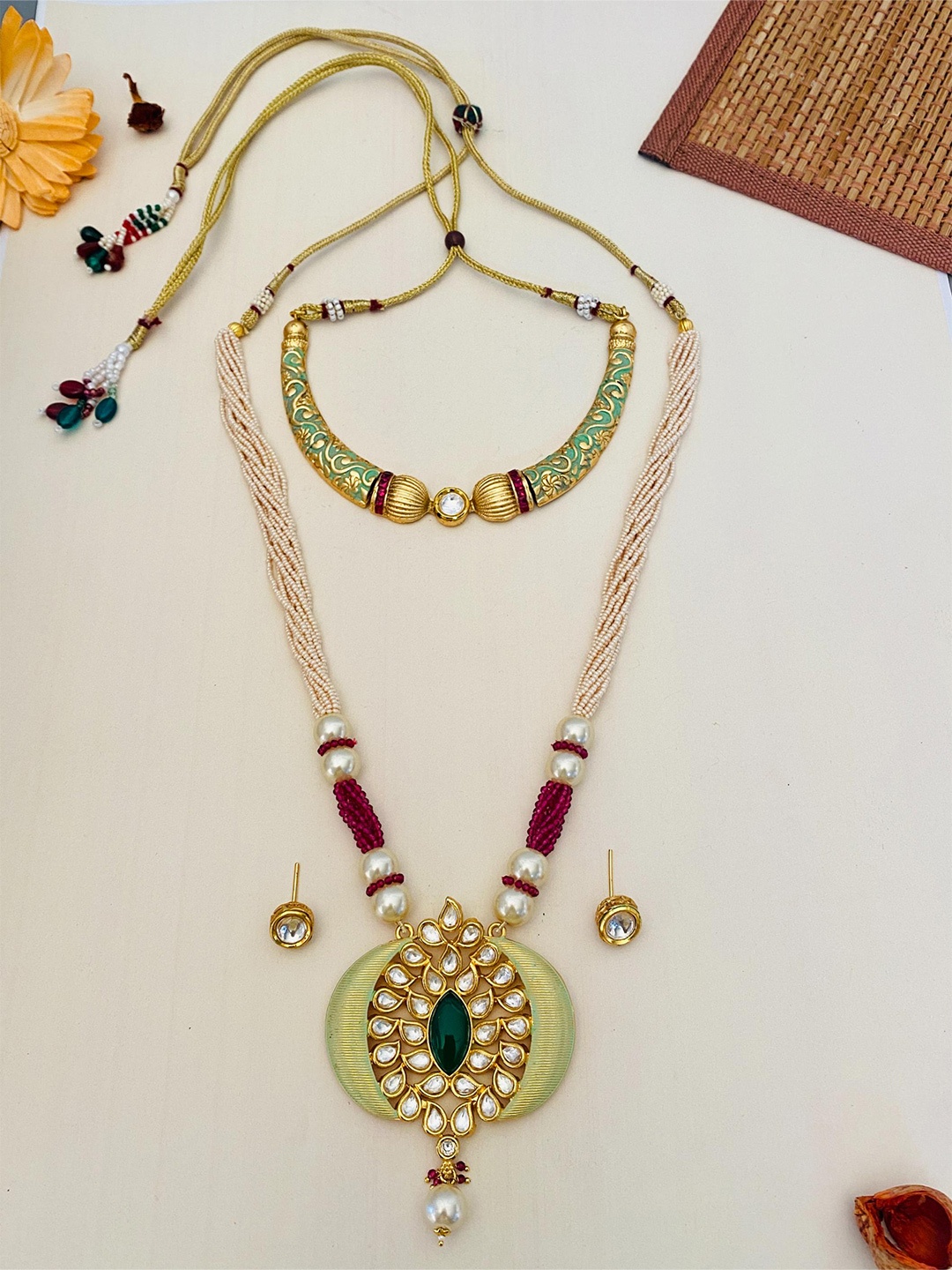 

ABDESIGNS Gold-Plated Stone-Studded & Beaded Jewellery Set