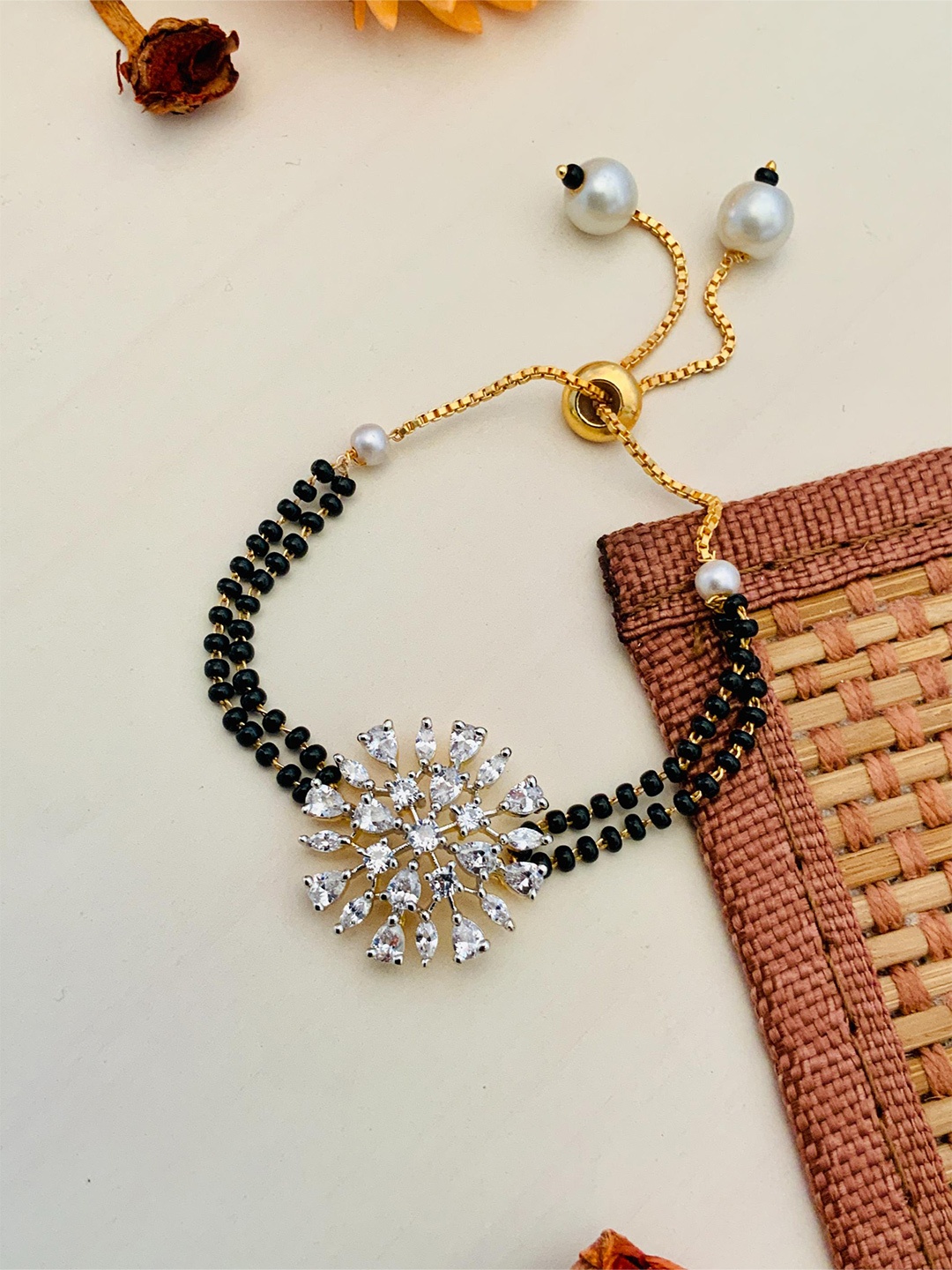 

ABDESIGNS Gold-Plated American Diamond-Studded & Beaded Hand Mangalsutra