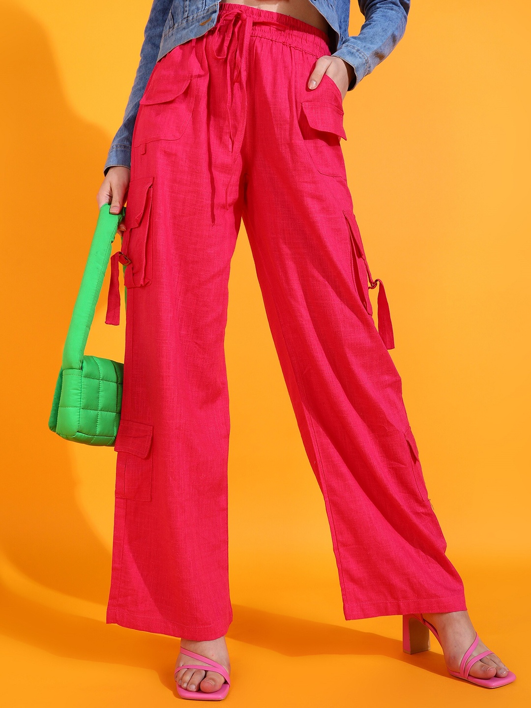 

SHECZZAR Women Relaxed Loose Fit High-Rise Easy Wash Linen Parallel Trousers, Pink