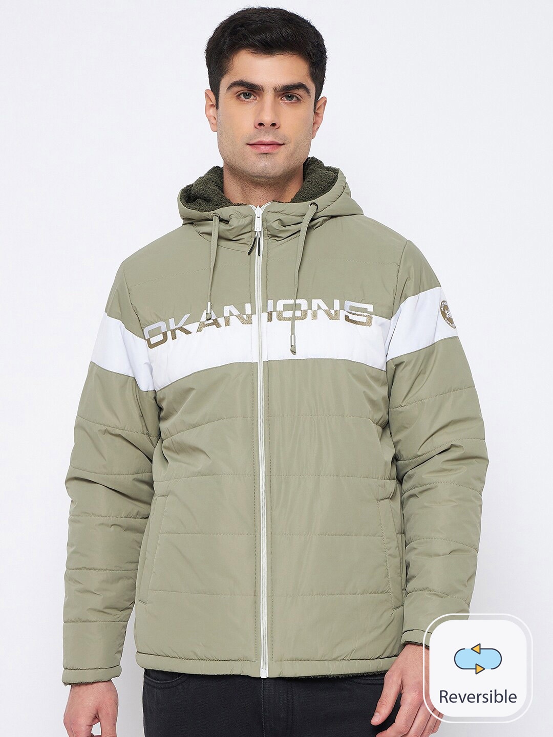 

Okane Colourblocked Hooded Neck Long Sleeves Reversible Padded Jacket, Olive