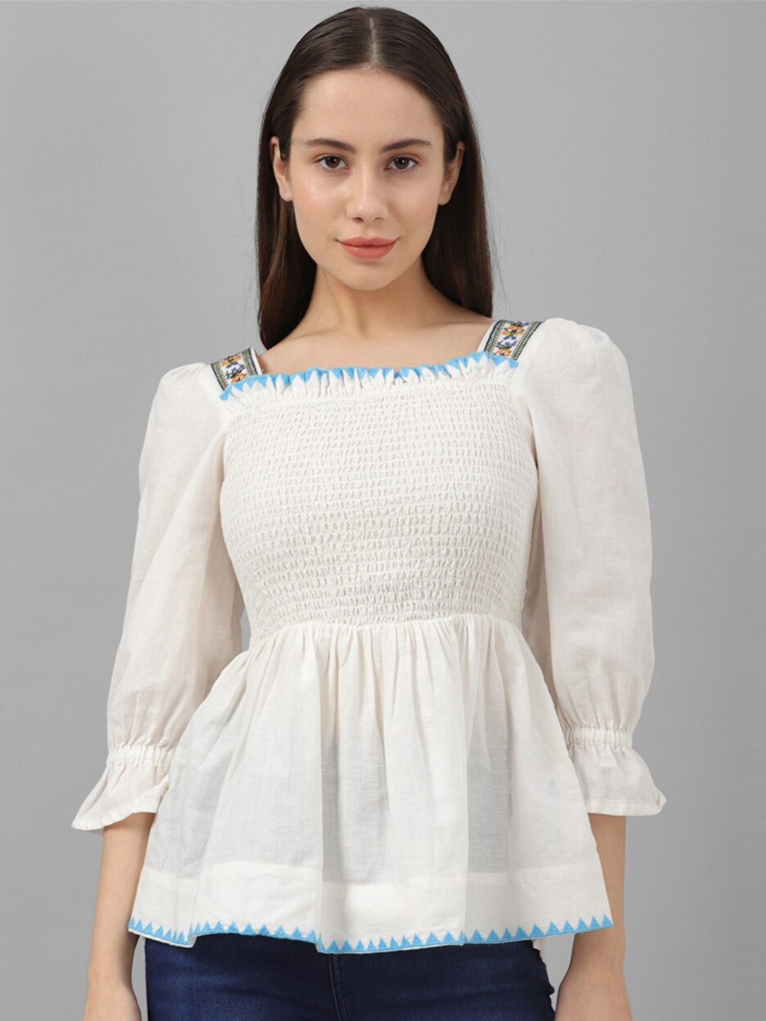 

Allen Solly Woman Square Neck Puff Sleeve Smocked Peplum Top, White