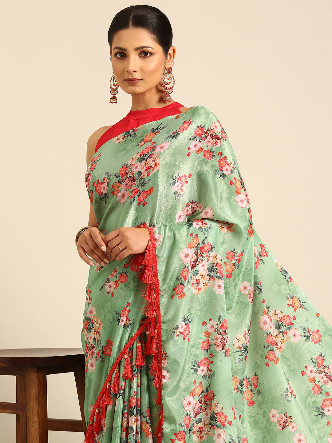 

BAPS Floral Poly Chiffon Saree, Green