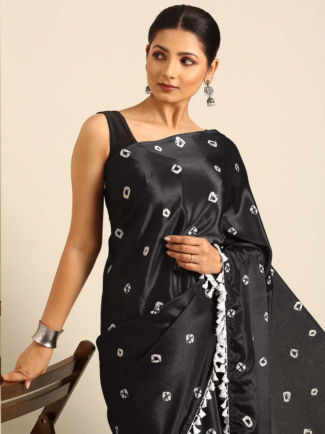 

BAPS Bandhani Print Saree, Black