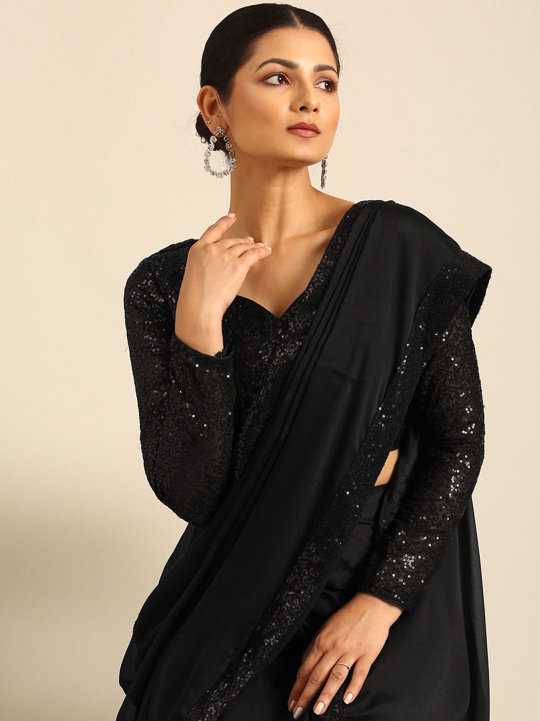 

BAPS Sequinned Organza Ready to Wear Saree, Black