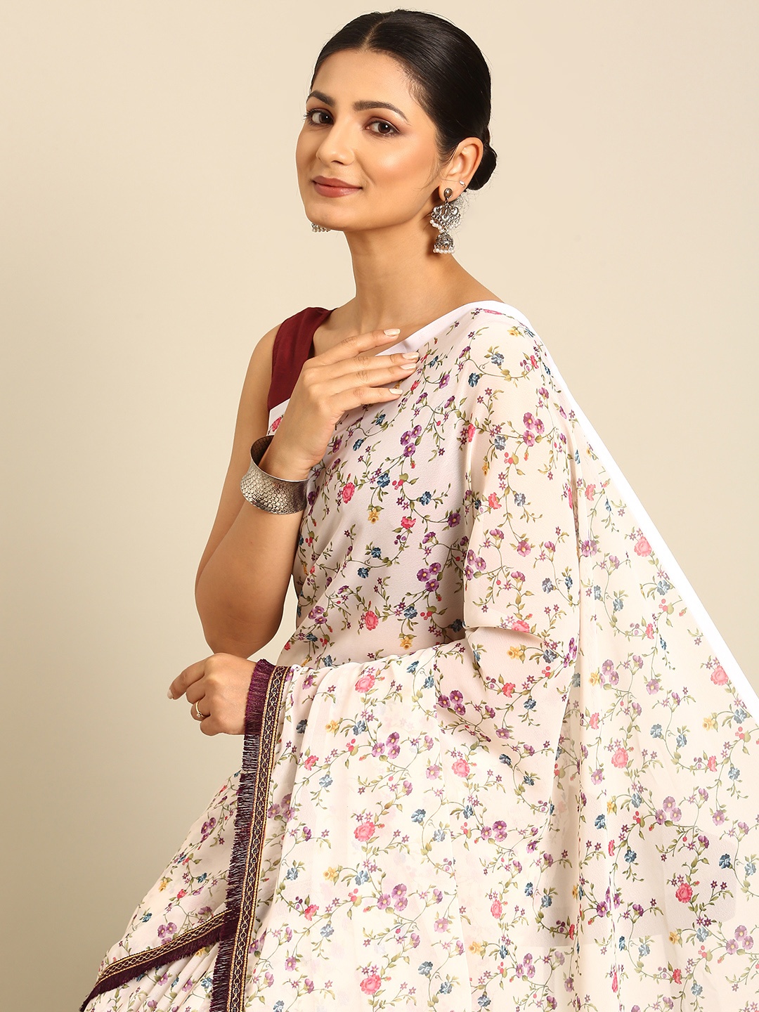 BAPS Floral Pure Georgette Saree, Off white