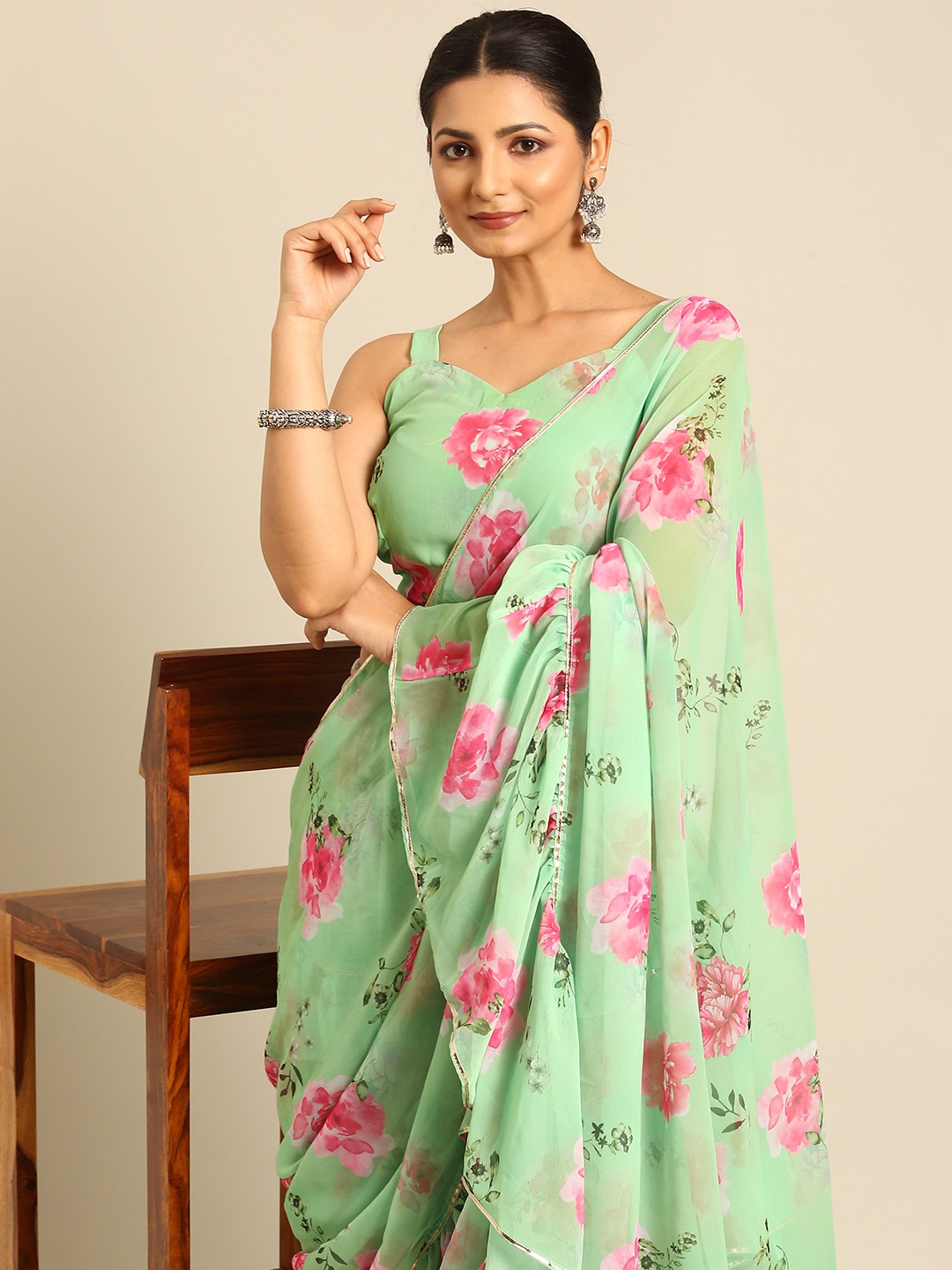 

BAPS Floral Printed Gotta Patti Pure Georgette Lehenga Saree, Green