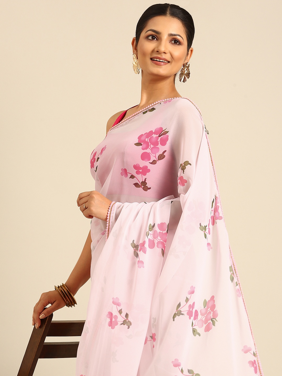 

BAPS Floral Pure Georgette Saree, Pink