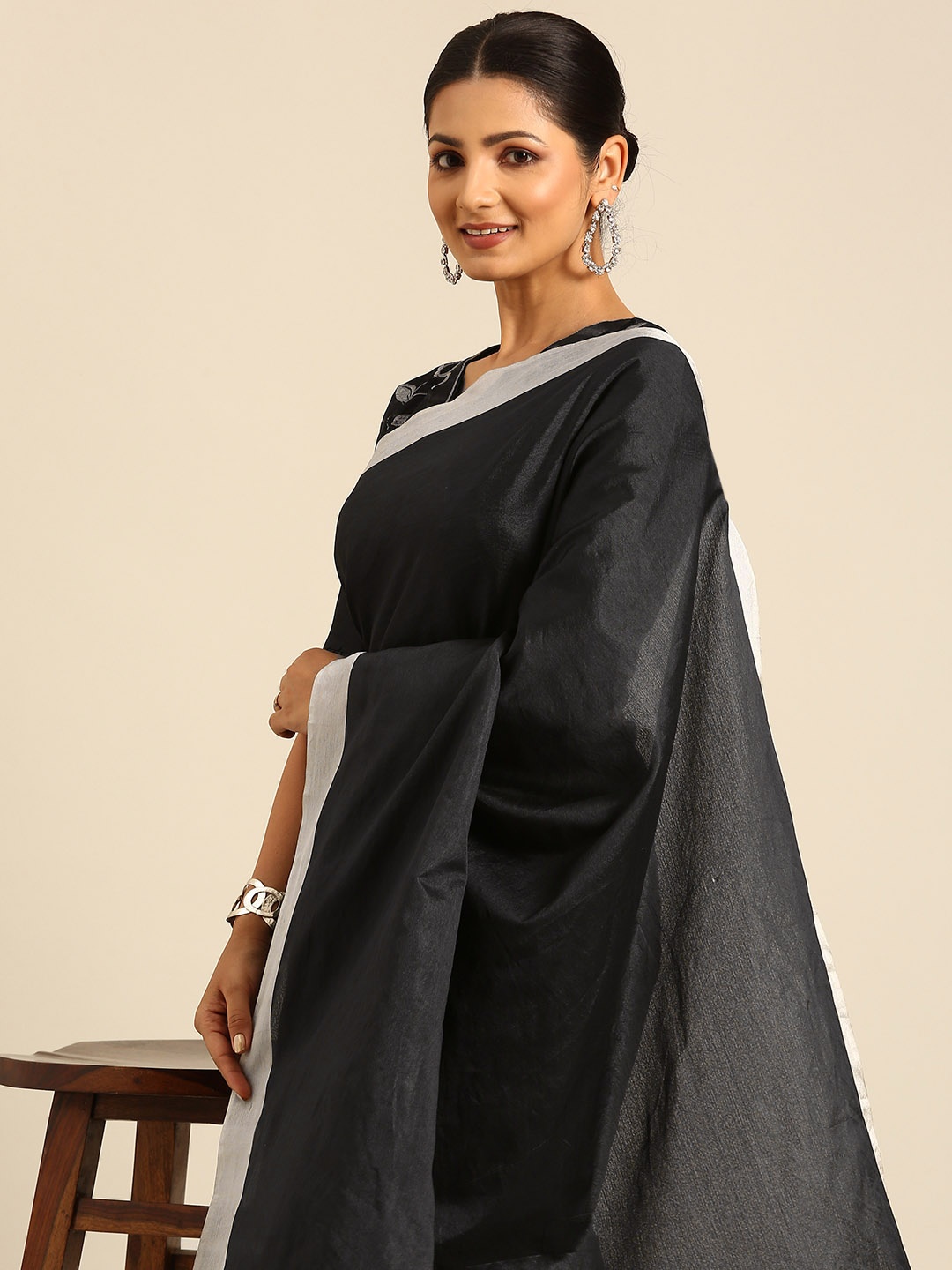 

BAPS Zari Pure Silk Saree, Black