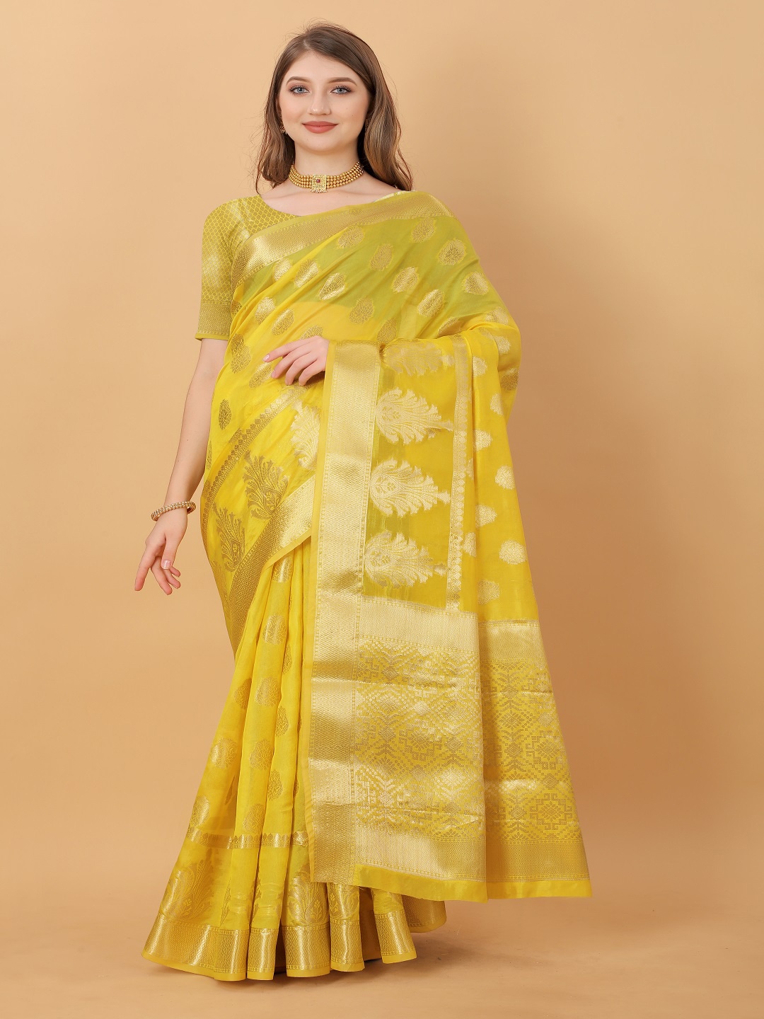 

faxofab Ethnic Motifs Woven Design Zari Banarasi Saree, Yellow