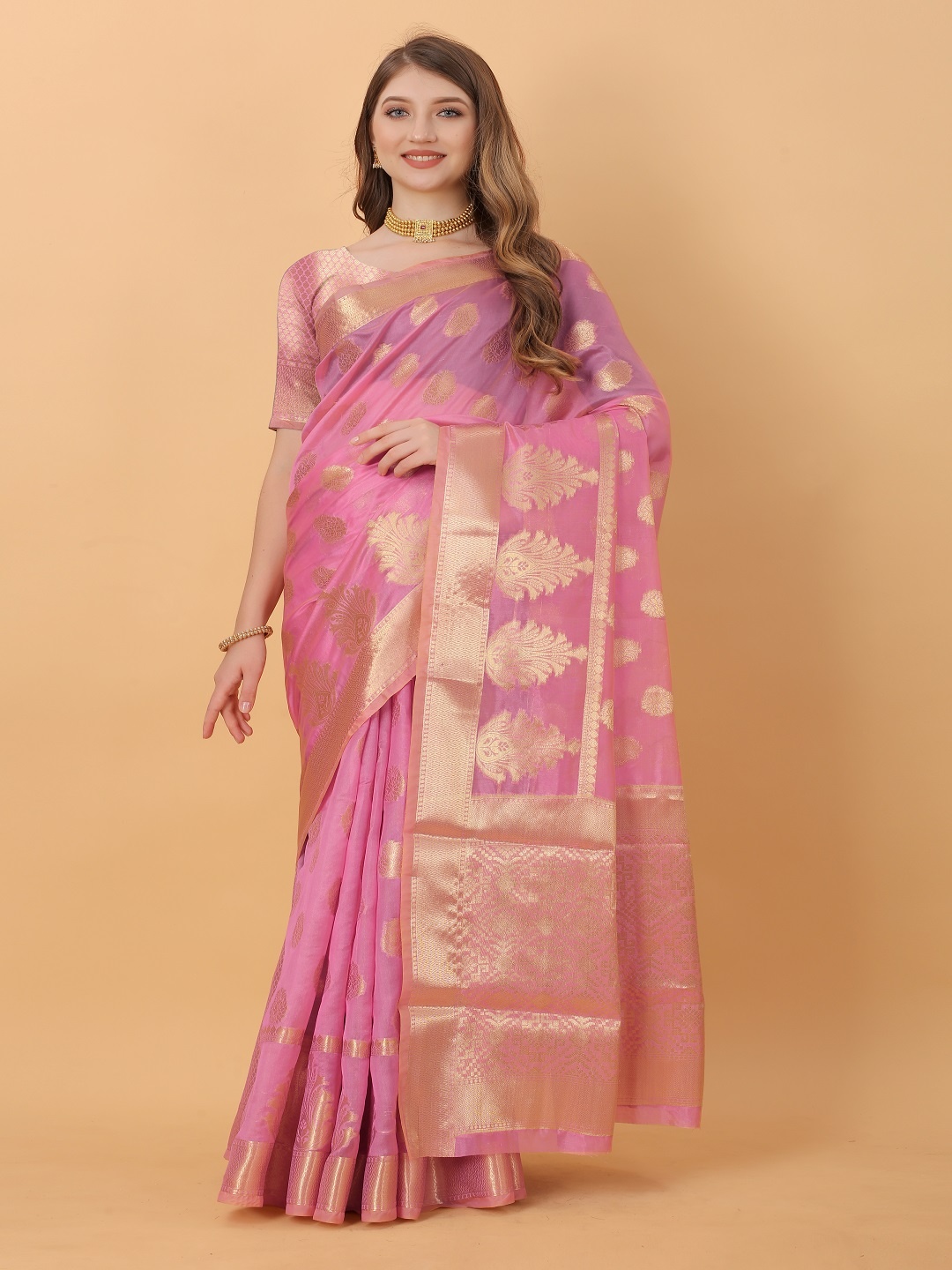 

faxofab Ethnic Motifs Woven Design Zari Banarasi Saree, Pink