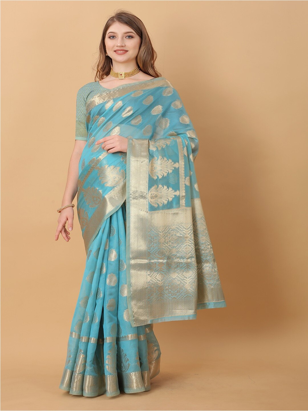 

faxofab Woven Design Embellished Zari Silk Cotton Banarasi Saree, Blue