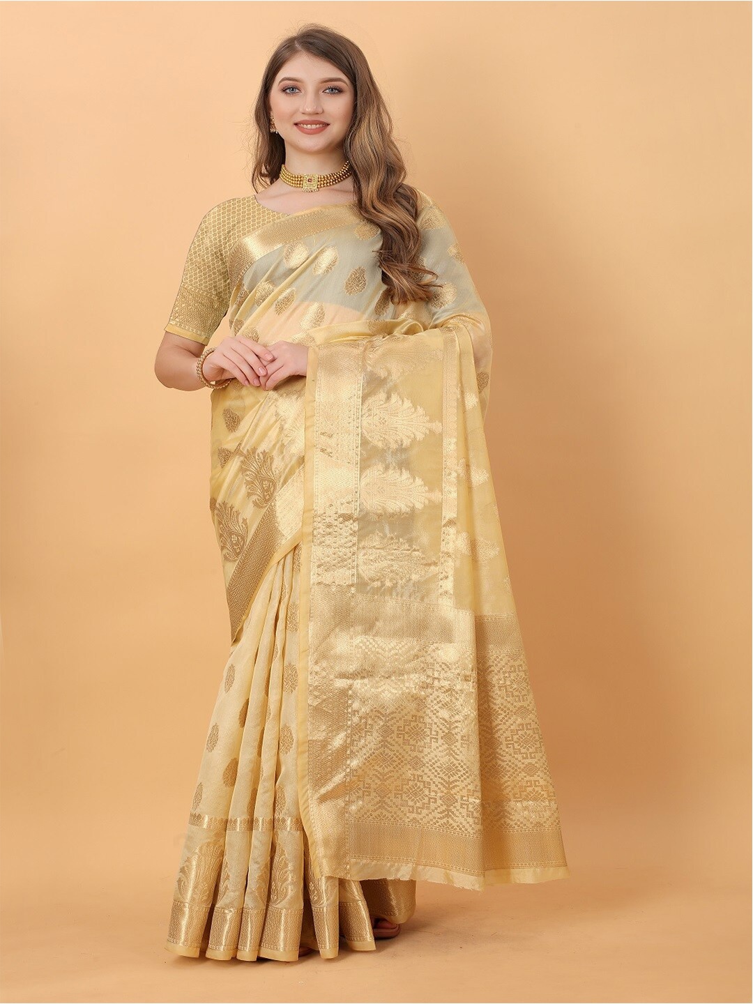 

faxofab Ethnic Motifs Woven Design Zari Silk Cotton Banarasi Saree, Cream