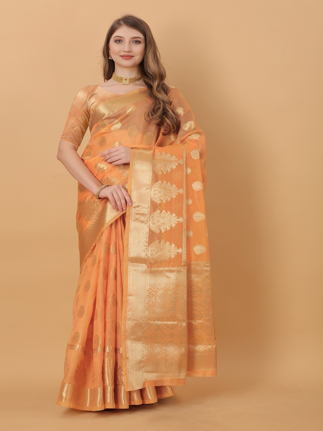 

faxofab Ethnic Motifs Woven Design Zari Silk Cotton Banarasi Saree, Orange