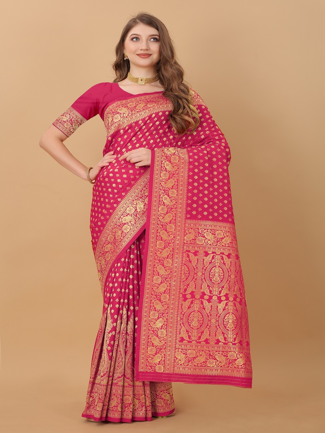 

faxofab Ethnic Motifs Woven Design Zari Banarasi Saree, Pink