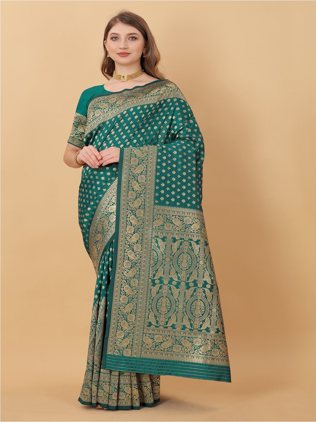 

faxofab Ethnic Motifs Woven Design Zari Banarasi Saree, Teal