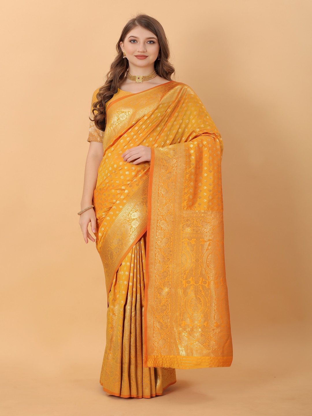 

faxofab Ethnic Motifs Woven Design Zari Banarasi Saree, Yellow