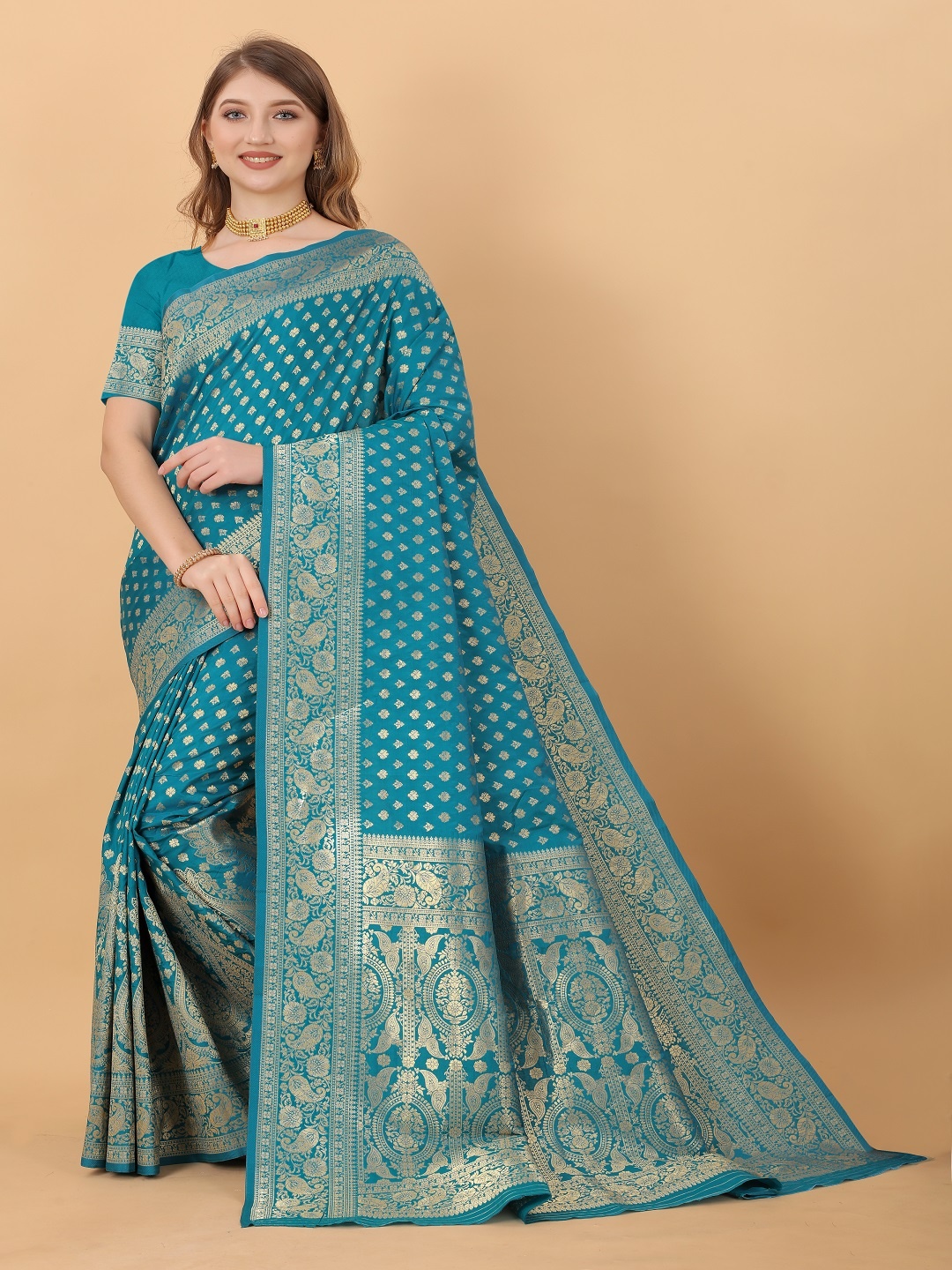 

faxofab Ethnic Motifs Woven Design Zari Banarasi Saree, Blue