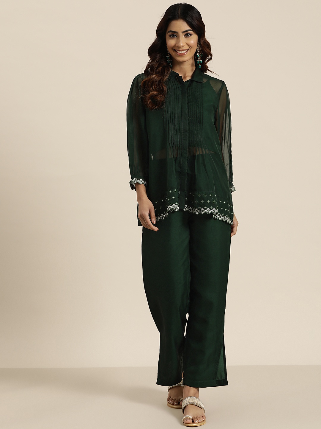 

HERE&NOW Women Embroidered Ethnic Co-Ords Set, Green