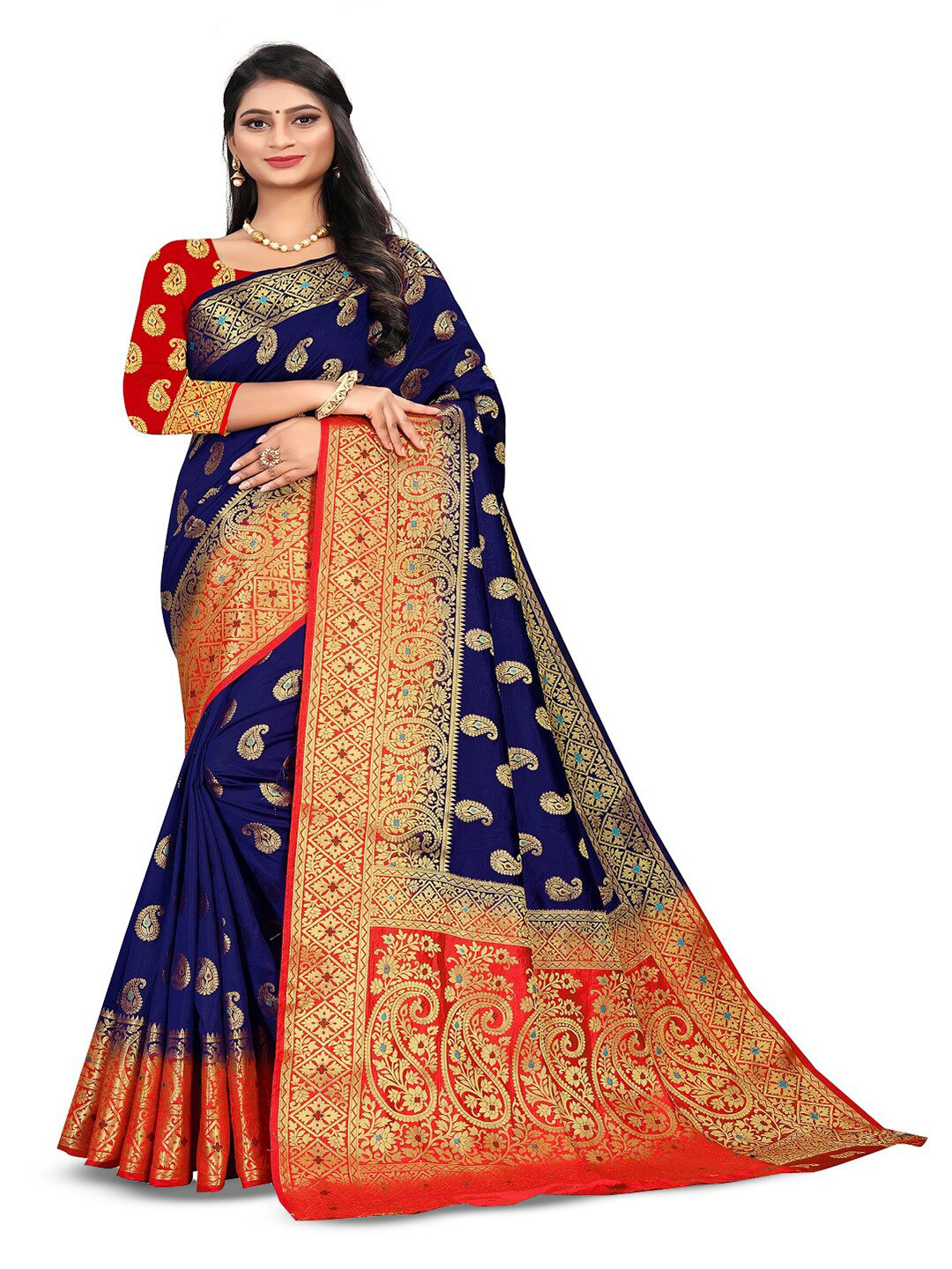 

faxofab Ethnic Motifs Woven Design Zari Banarasi Saree, Navy blue