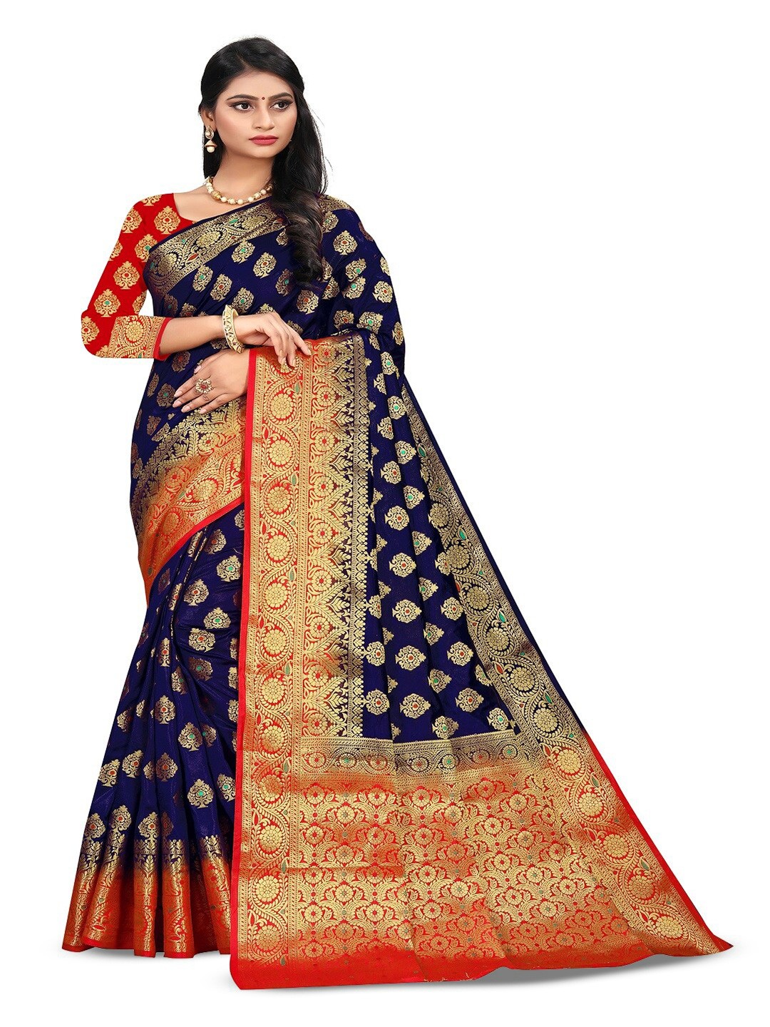 

faxofab Ethnic Motifs Woven Design Zari Banarasi Saree, Navy blue
