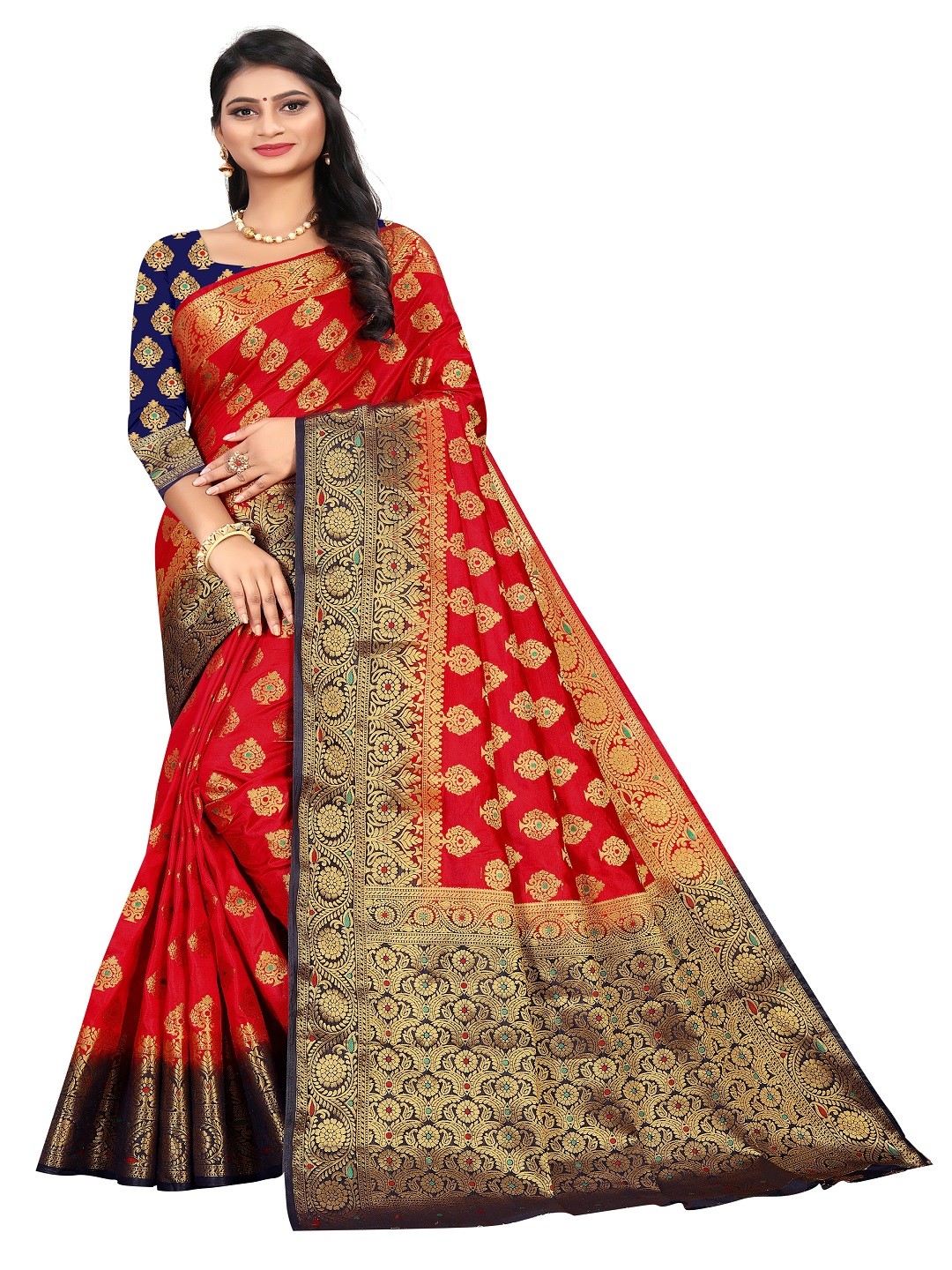 

faxofab Ethnic Motifs Woven Design Zari Banarasi Saree, Red