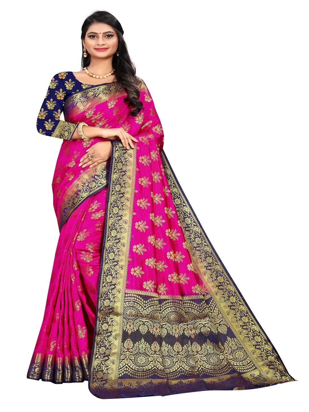 

faxofab Ethnic Motifs Woven Design Zari Banarasi Saree, Pink
