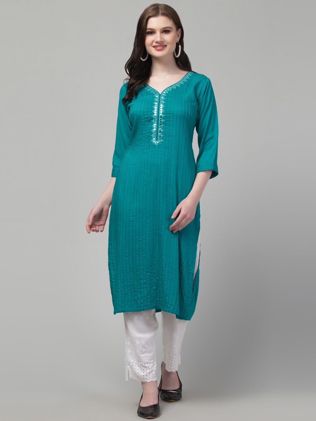 

Trend Level Yoke Design Mirror Work Straight Kurta, Sea green