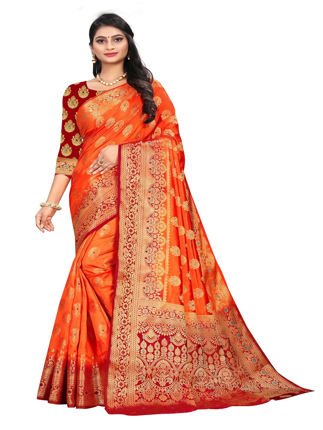 

faxofab Ethnic Motifs Woven Design Zari Banarasi Saree, Orange
