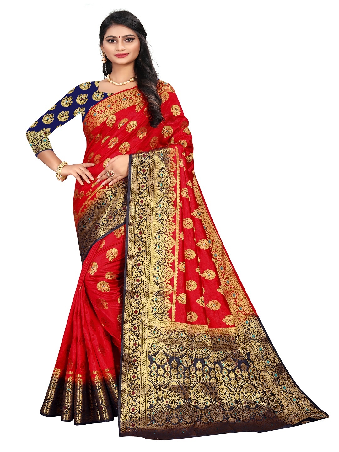 

faxofab Ethnic Motifs Woven Design Zari Banarasi Saree, Red