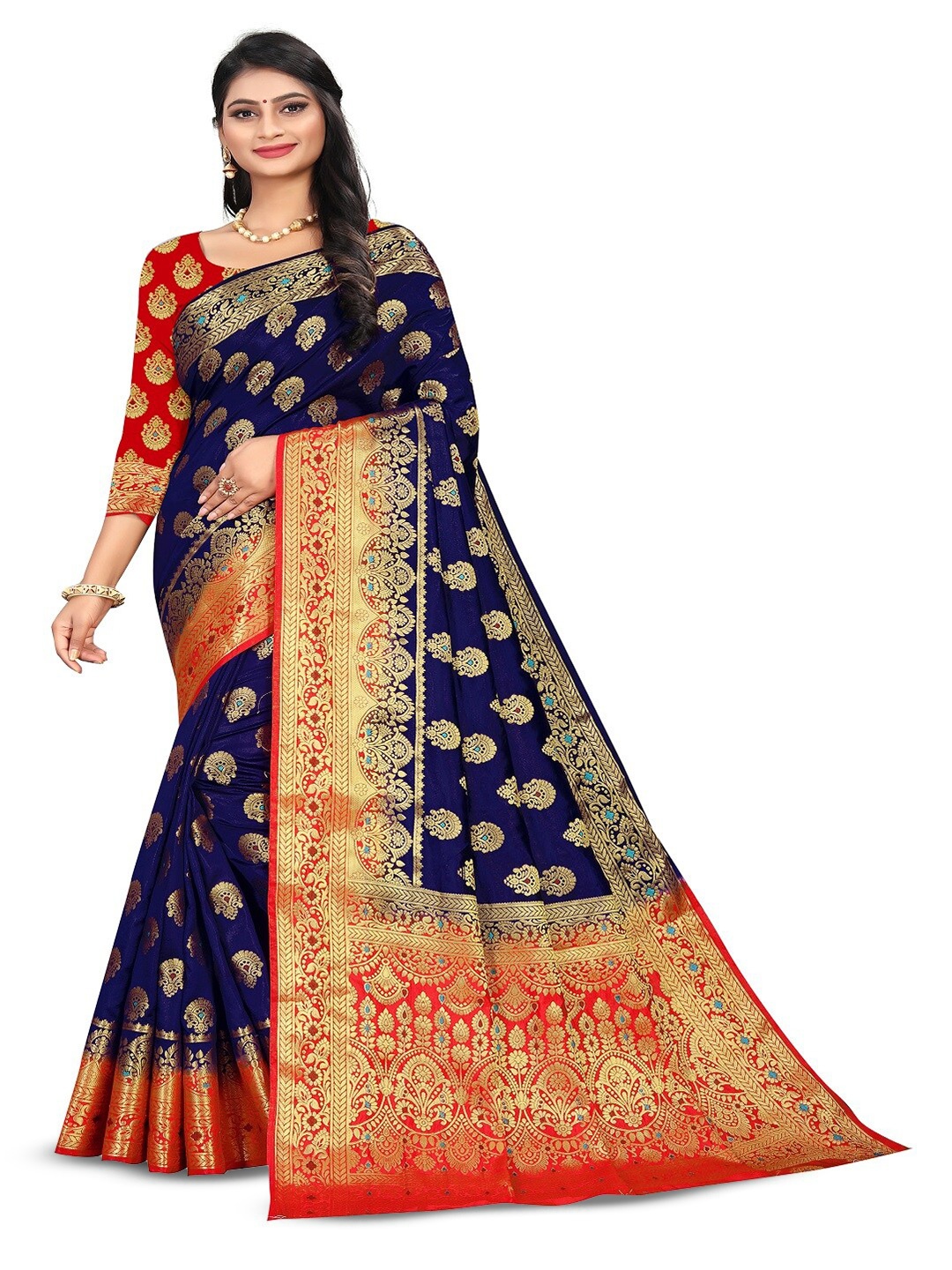 

faxofab Ethnic Motifs Woven Design Zari Banarasi Saree, Navy blue